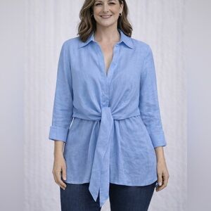 $152 Neiman Marcus Denim Blue Linen Tie-Front Blouse Shirt XL NWT
